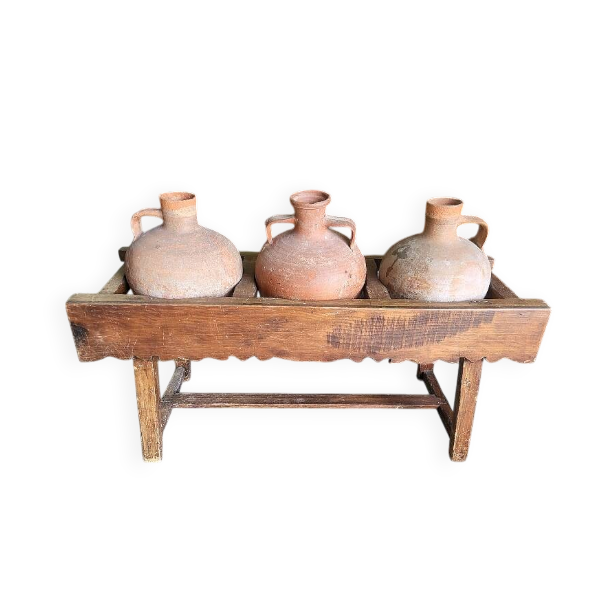 Old wooden jar holder with 3 clay jars