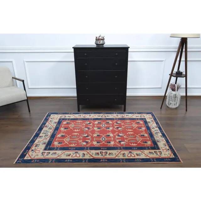 Vintage Turkish Oushak Handmade Wool Cotton Red Area Rug 130x190