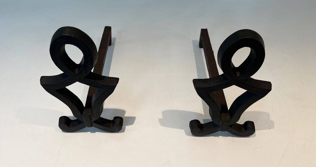 Pair of Cast Iron Chenets with Figurative Anthropomorphic Silhouette, by Raymon