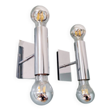 Pair of tubular double-light wall lights in chrome-plated metal, 1970s