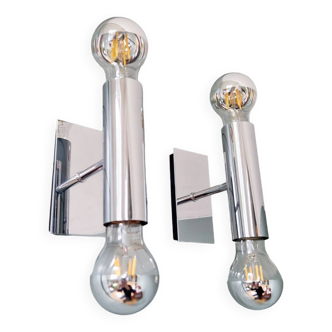 Pair of tubular double-light wall lights in chrome-plated metal, 1970s