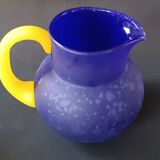 TWO VINTAGE YELLOW AND BLUE GLASS PITCHERS 1990