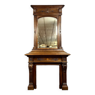 Fireplace and its mirror in Gothic Renaissance style in solid walnut circa 1850