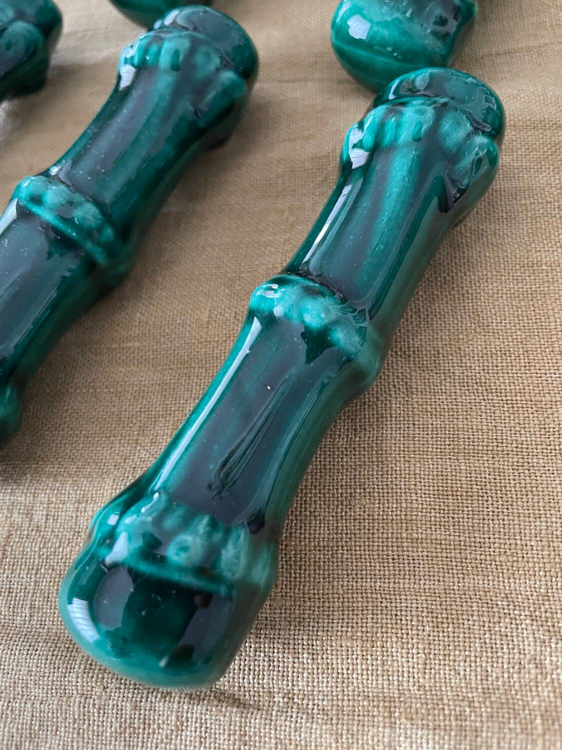 6 vintage green earthenware knife holders 50 bamboo shape