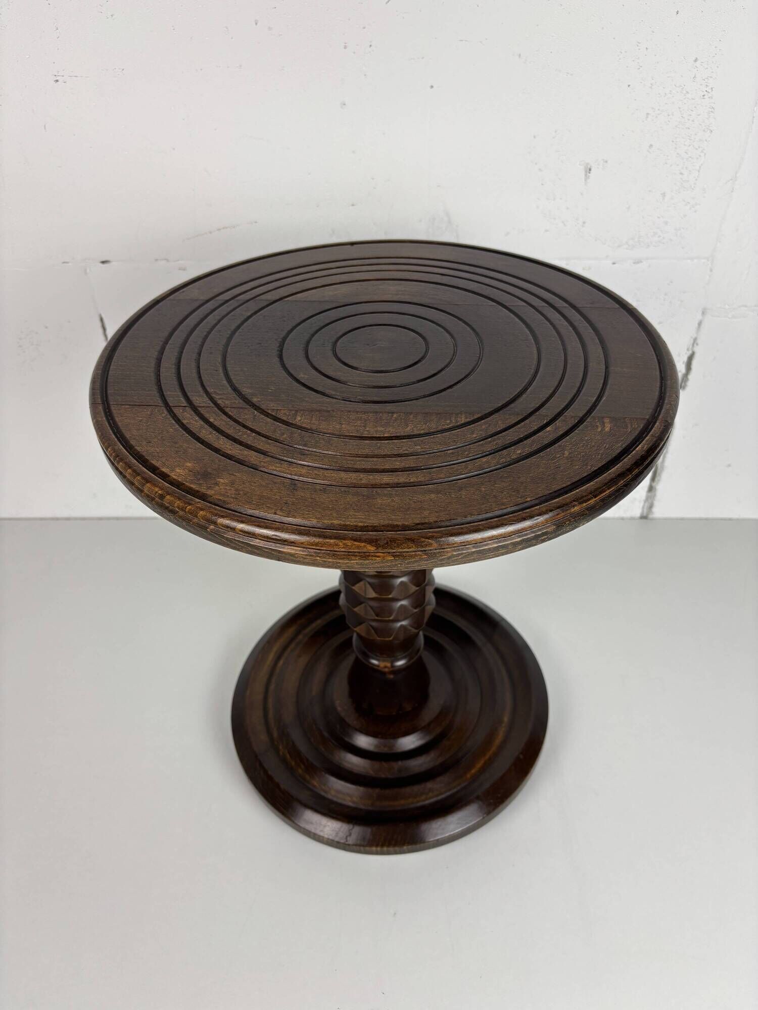 Low wood turned midcentury brutalist side table, style of Charles Dudouyt