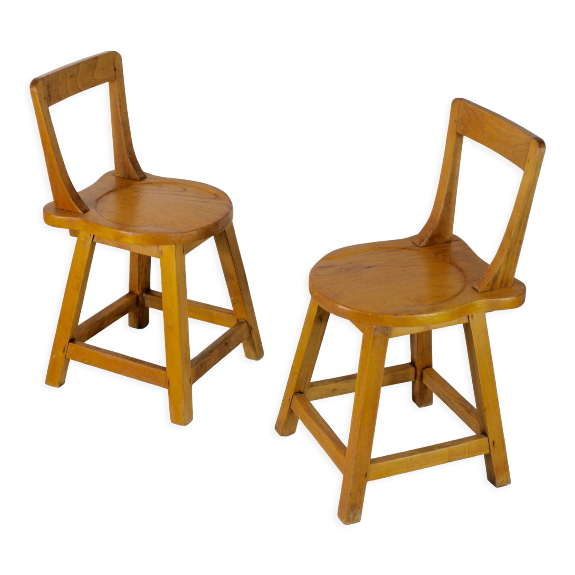 Pair of brutalist wooden back stools. France, circa 1960