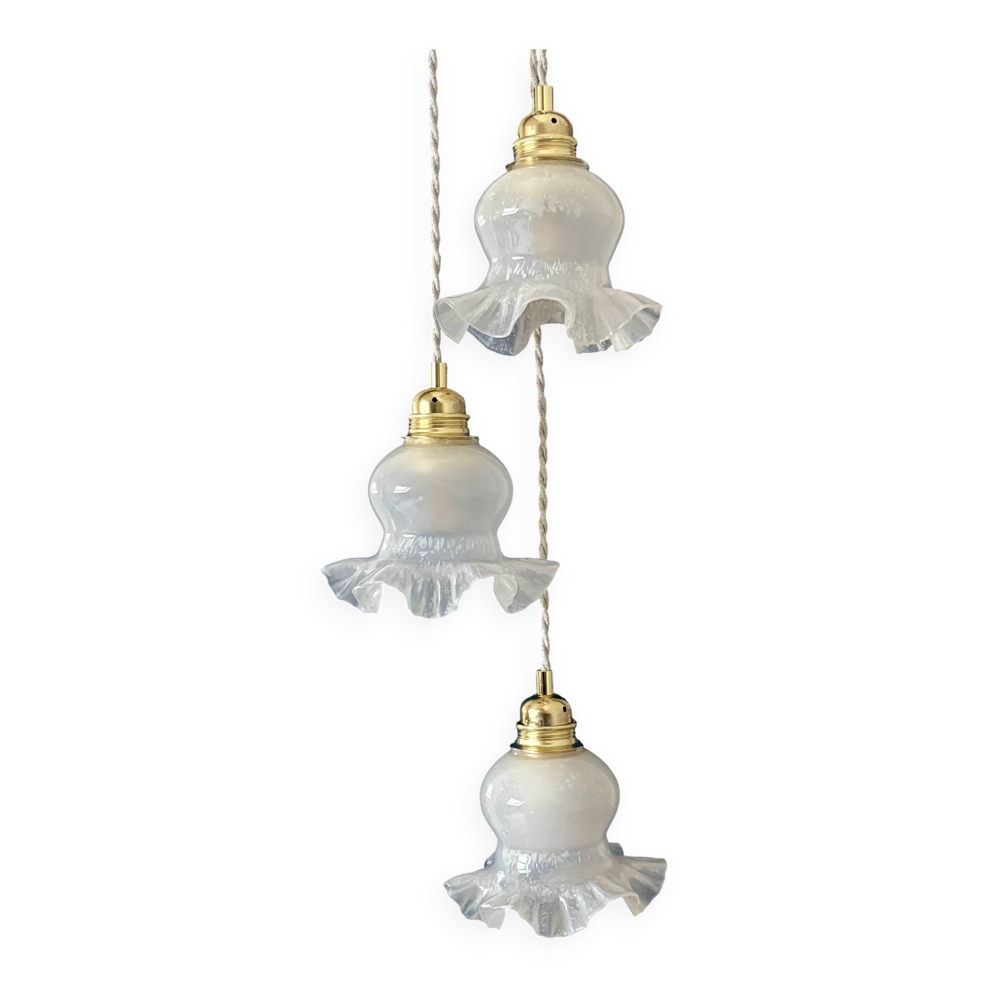 Vintage triple tulip pendant light in white glass