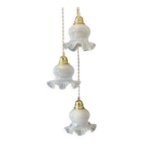 Vintage triple tulip pendant light in white glass