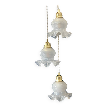 Vintage triple tulip pendant light in white glass