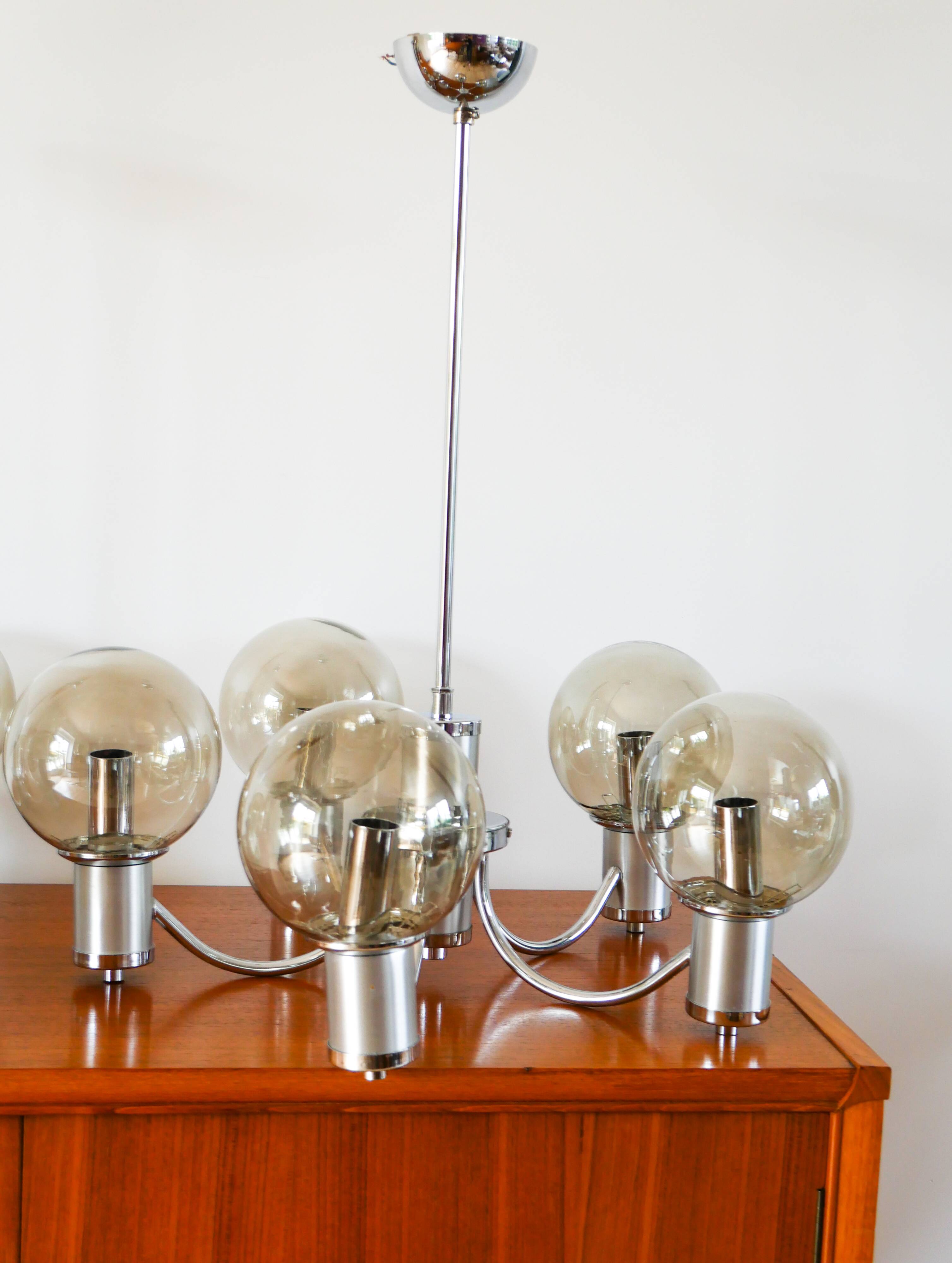 Five-branched chandelier, in chrome and smoked glass globes, Design, 1970