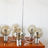 Five-branched chandelier, in chrome and smoked glass globes, Design, 1970