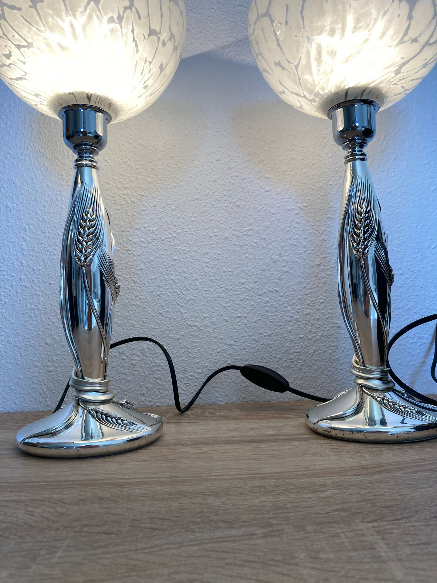 Pair of silver lamps by Marcello Gorgio with Murano lampshades.