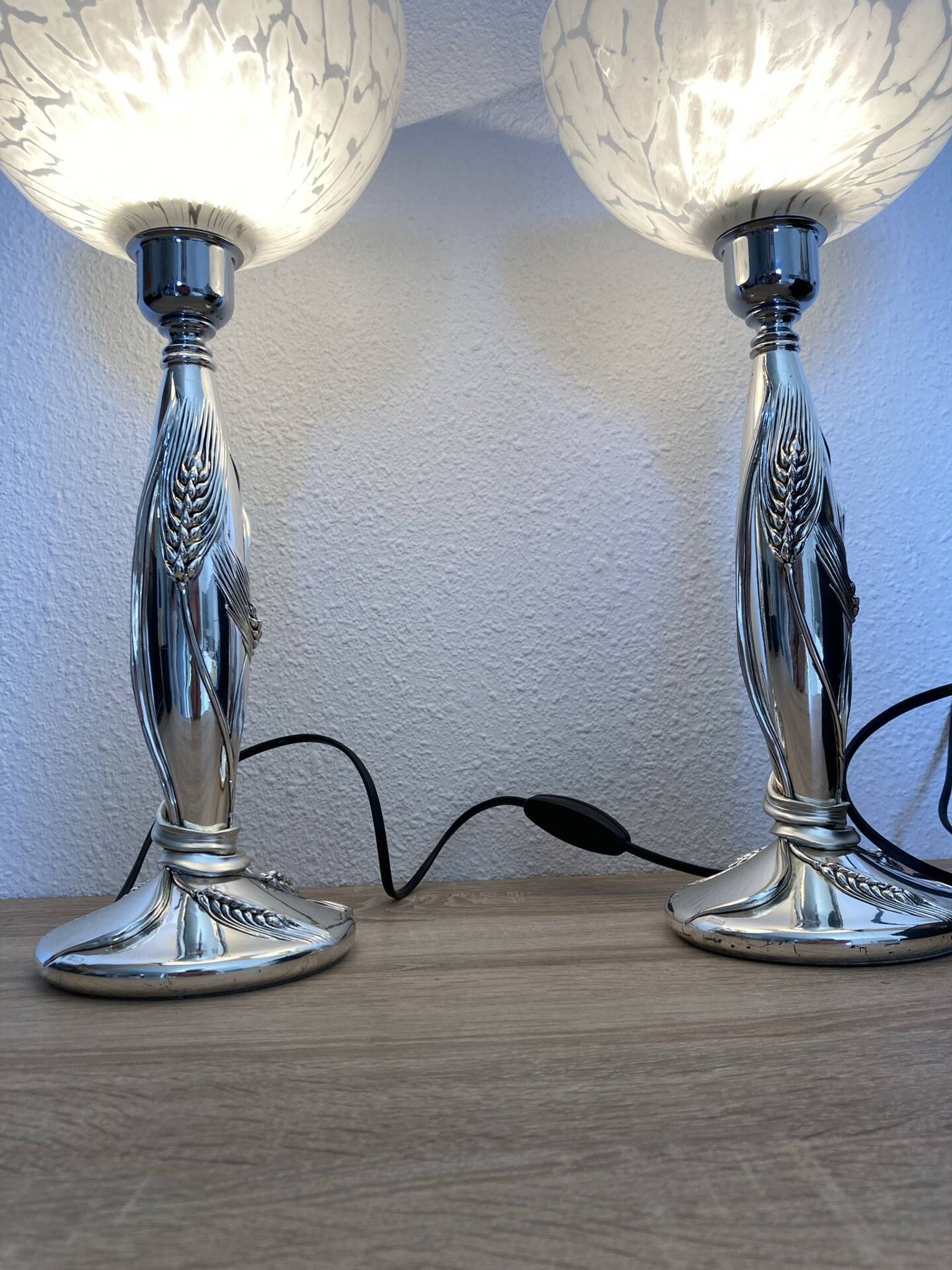 Paire de lampe argentée de Marcello gorgio abat jour murano