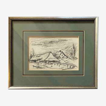Painting "study of Ferme bressane" Drawing Julien Duriez (1900-1993) + frame