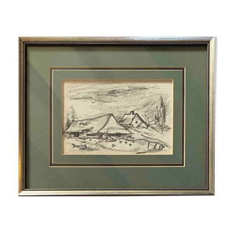 Painting "study of Ferme bressane" Drawing Julien Duriez (1900-1993) + frame