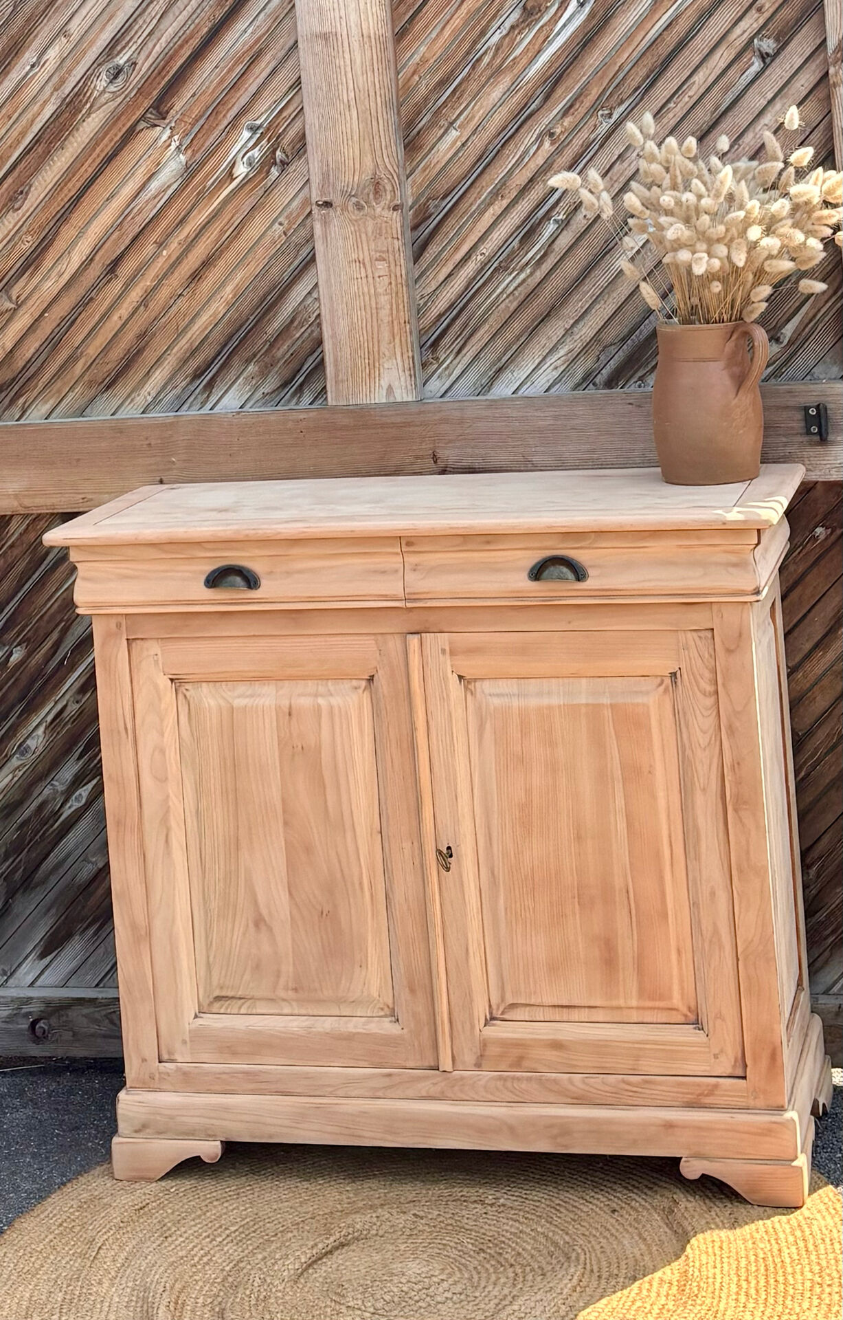 Narrow buffet renovated in raw solid wood / entrance console with 2 drawers