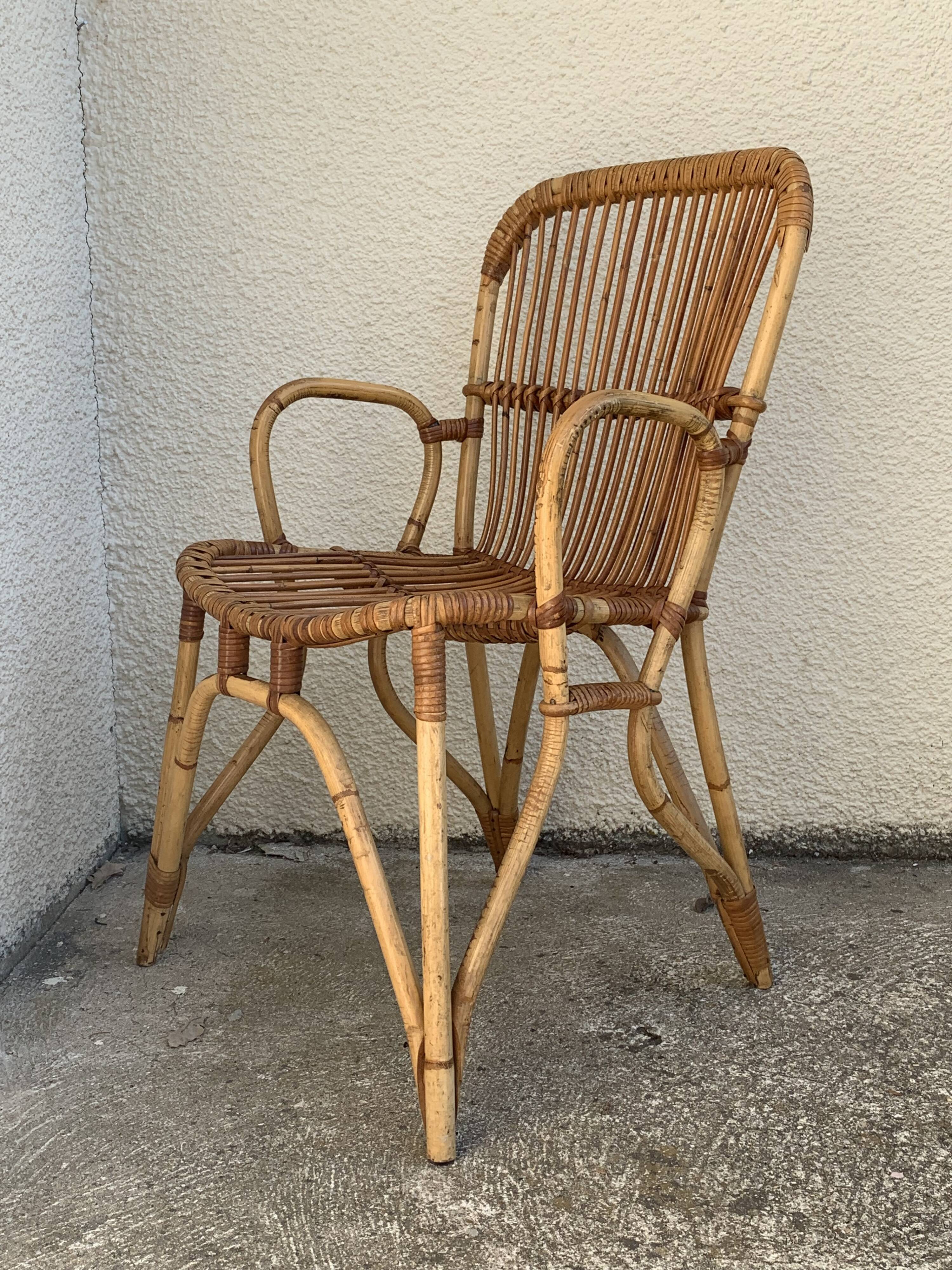 Chair and armchair in vintage rattan 1950