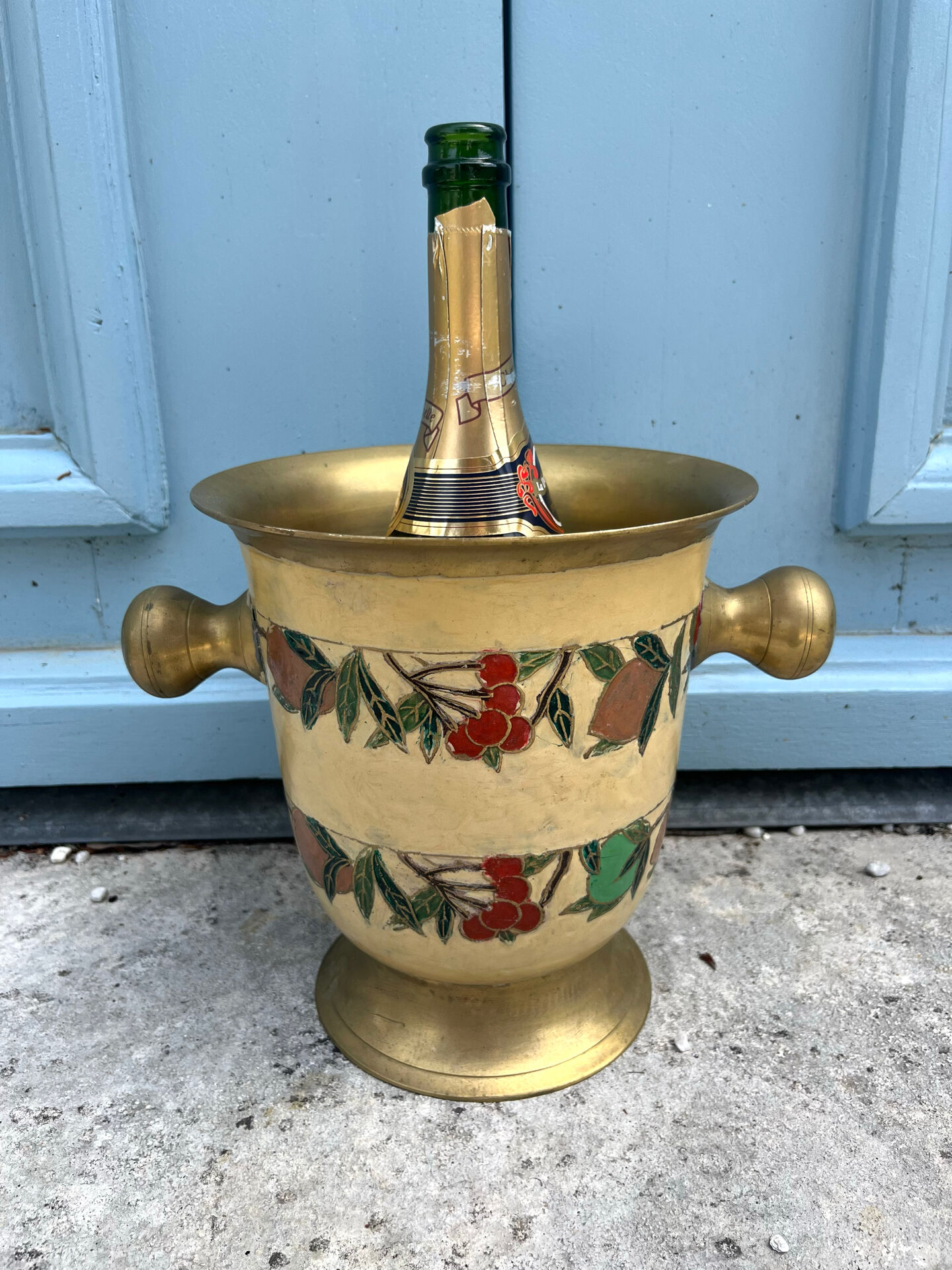 French Brass Cloisonné Style Champagne Bucket with Hand-Painted Fruit
