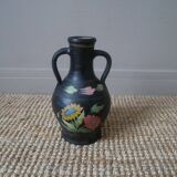 Handmade pottery vase with handles, handcrafted ceramics, antique countryside, floral decor