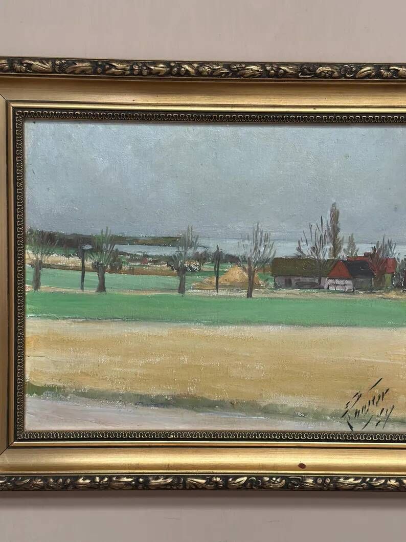 Original Swedish Oil on Panel – “Red Cottages” by Unknown Artist– Signed – Vintage & Framed – 48 × 40 cm (18.8" × 15.7")