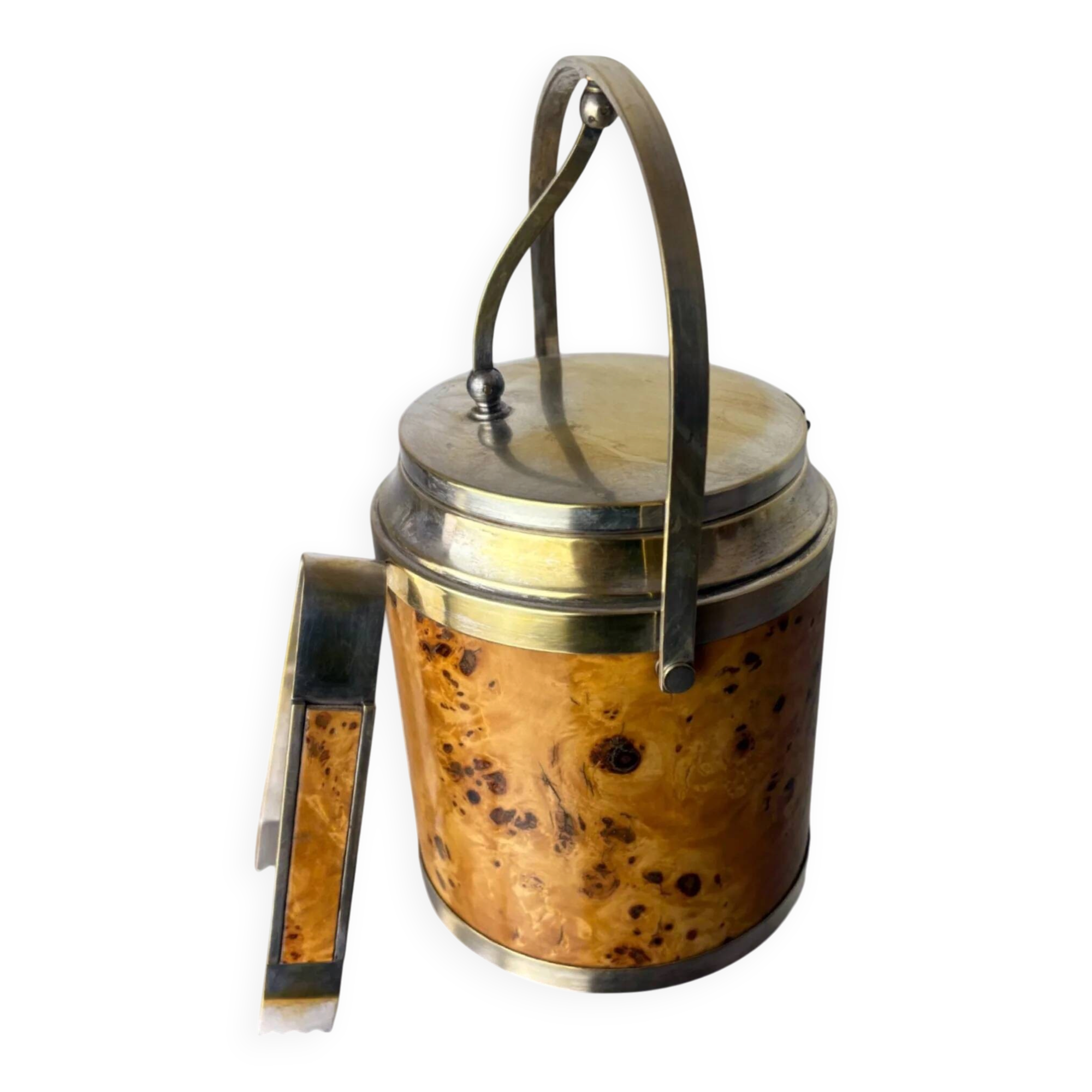 Lucite burl wood & brass ice bucket with tongs, Italy, 1970