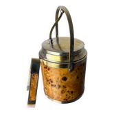 Lucite burl wood & brass ice bucket with tongs, Italy, 1970