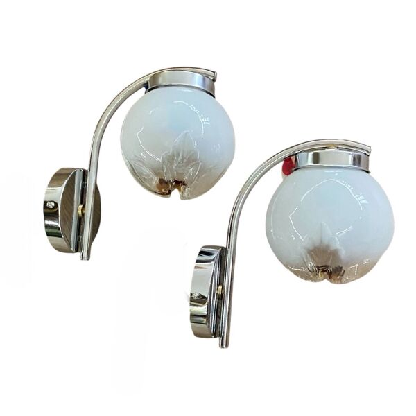 Paire d'appliques murales Mazzega Murano globe en verre et inox
