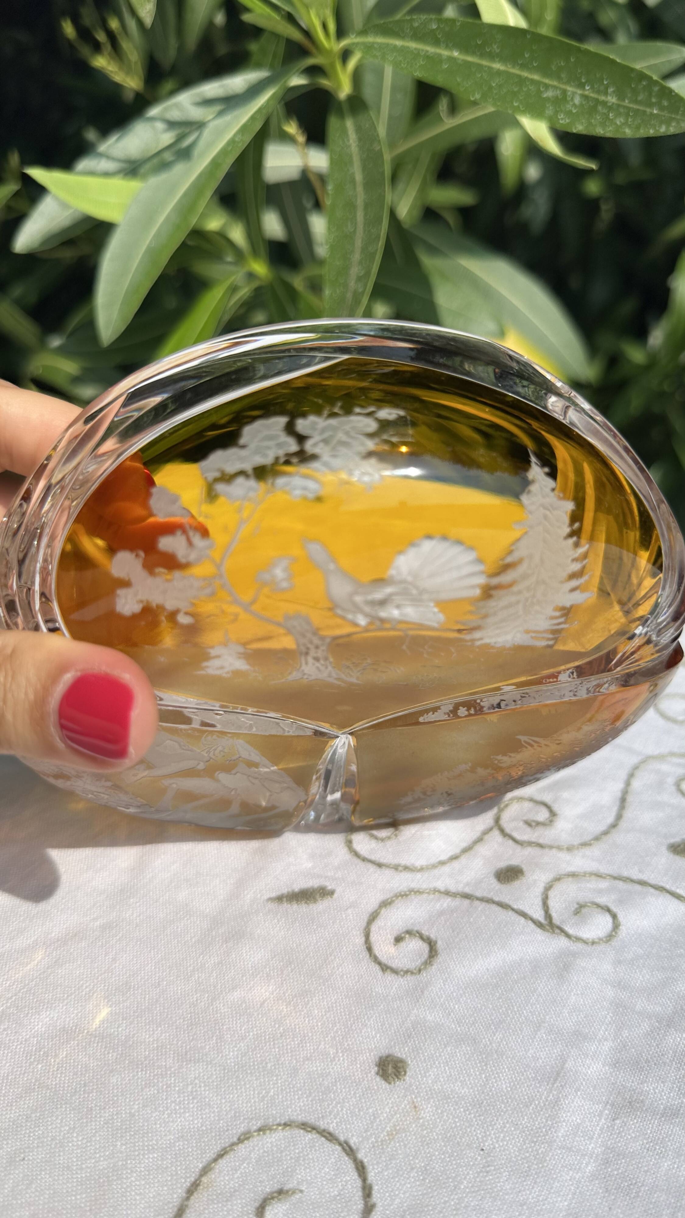 Magnificent Vintage Bohemian Ashtray in Cut Crystal of Yellow Orange