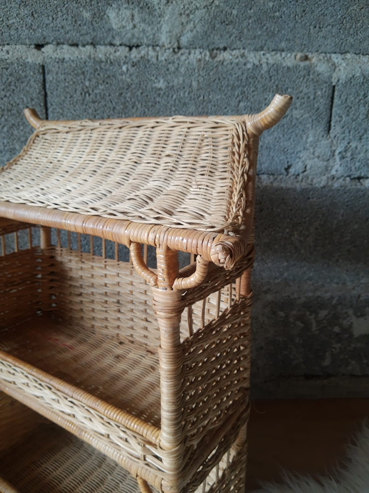 Wall shelf or to be placed in unique Japanese style rattan vintage pagoda