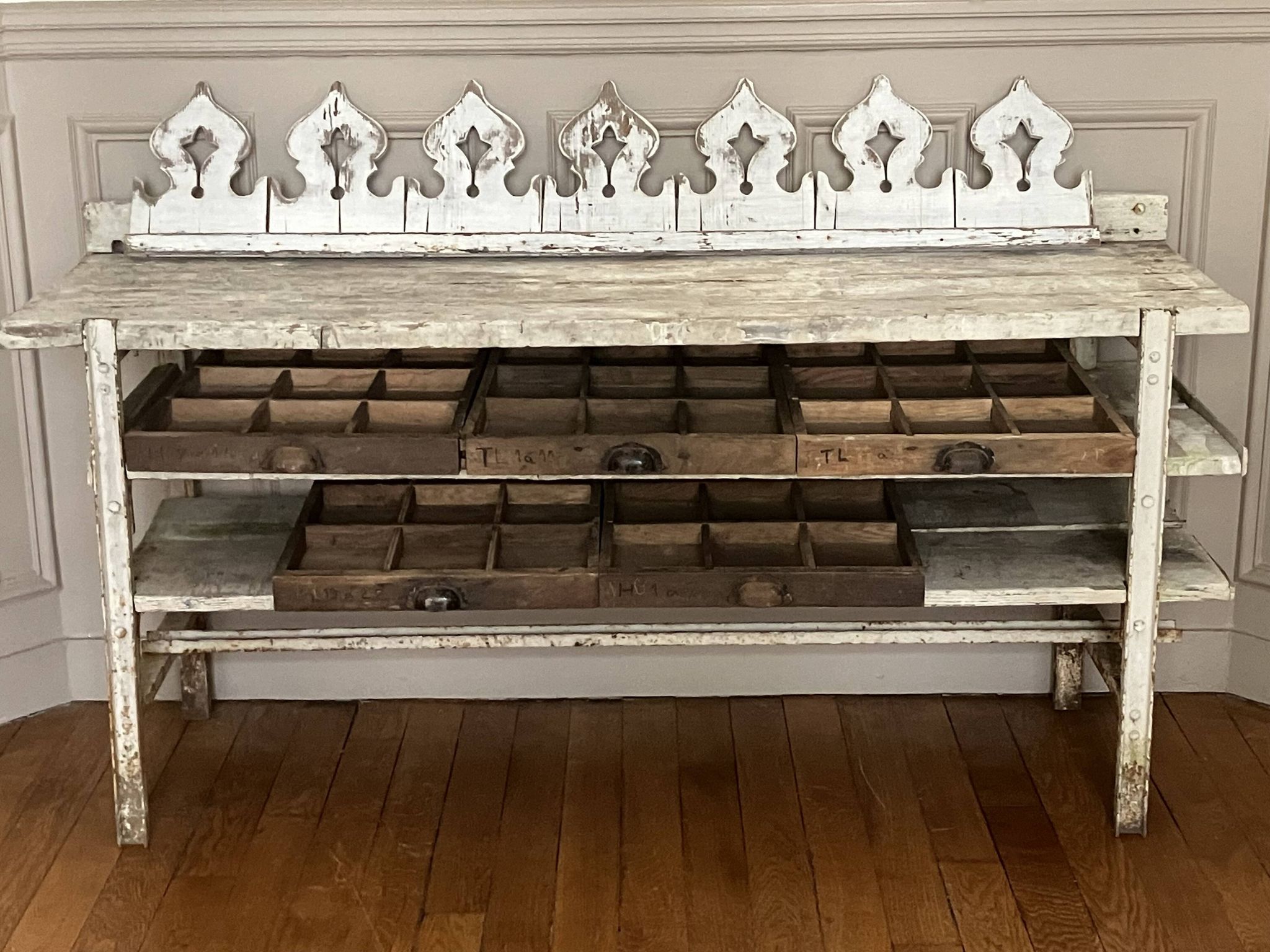 Old workbench, a piece of wooden and metal furniture.