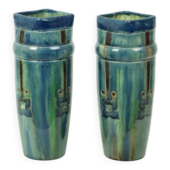 Pair of Blue Art Nouveau Vases Flemish Pottery Antiques