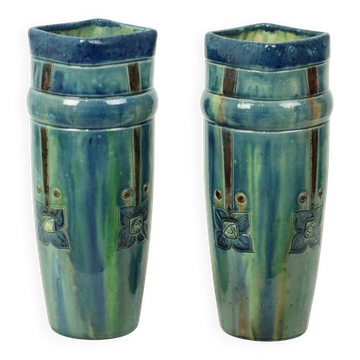Pair of Blue Art Nouveau Vases Flemish Pottery Antiques