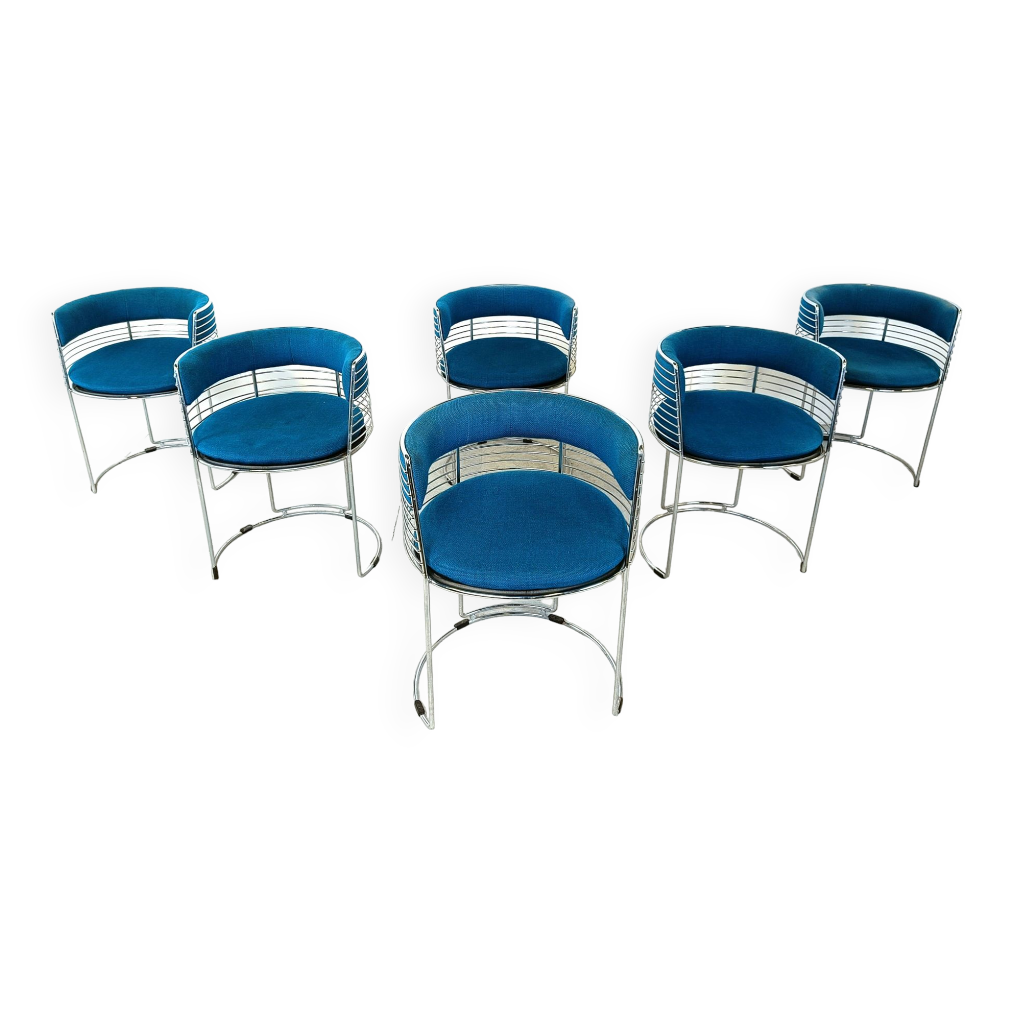 Set of 6 chrome wire and blue fabric dining chairs, 1970s