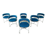 Ensemble de 6 chaises à repas en fil chromé et tissu bleu, 1970