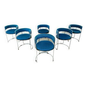 Set of 6 chrome wire and blue fabric dining chairs, 1970s