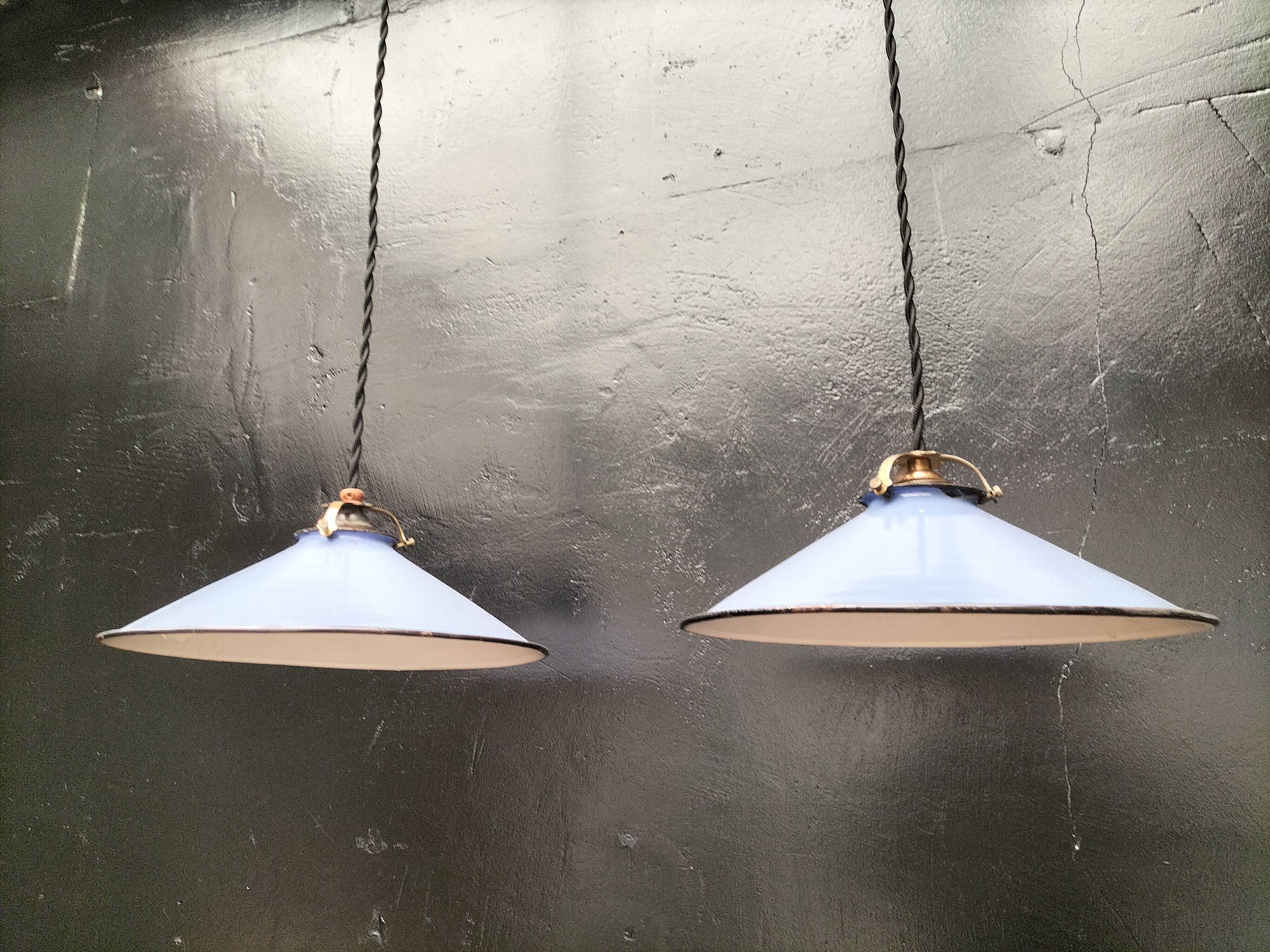 Pair of blue enameled sheet metal pendant lights