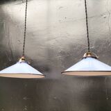 Pair of blue enameled sheet metal pendant lights
