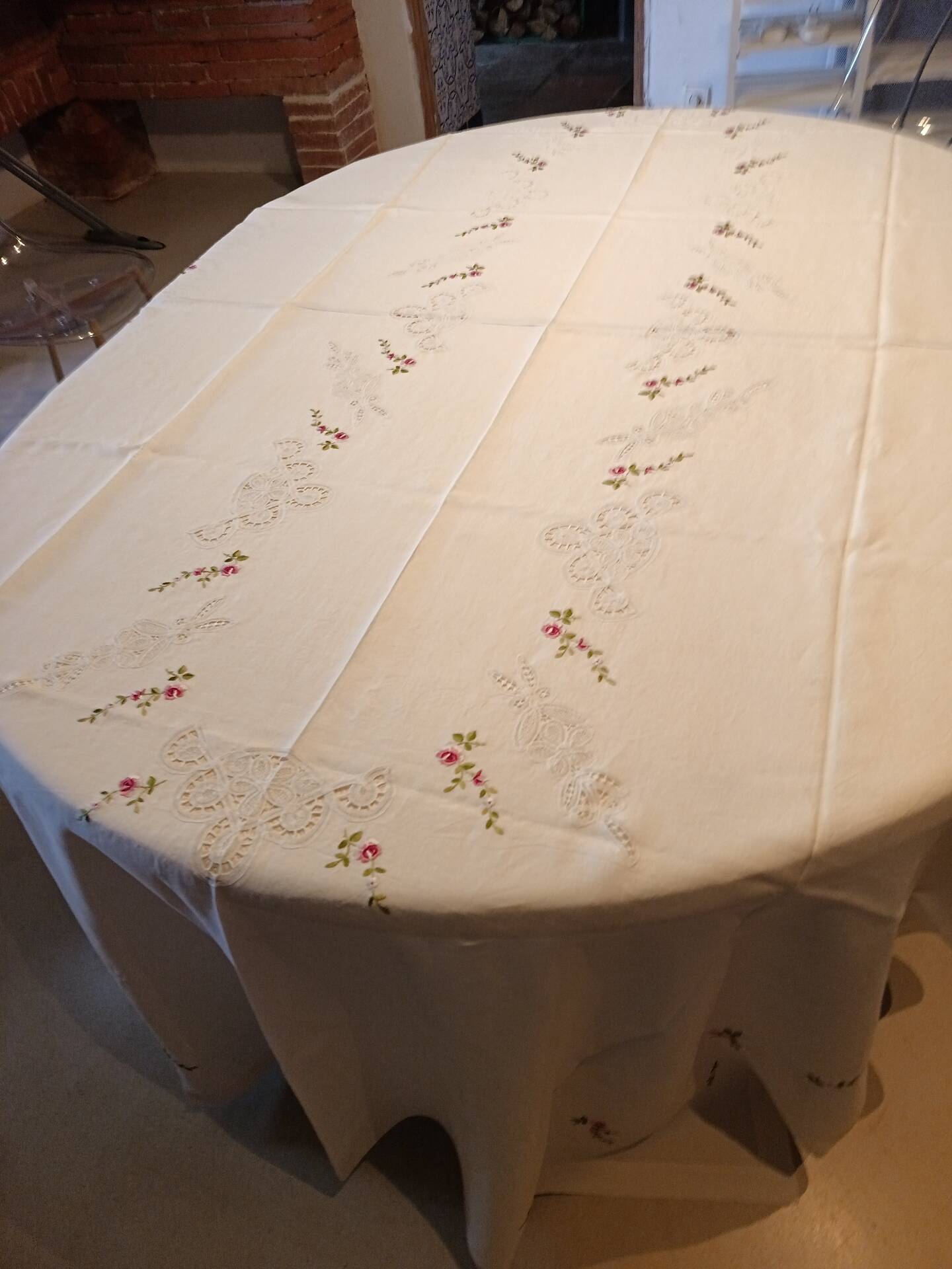 Large antique hand-embroidered tablecloth