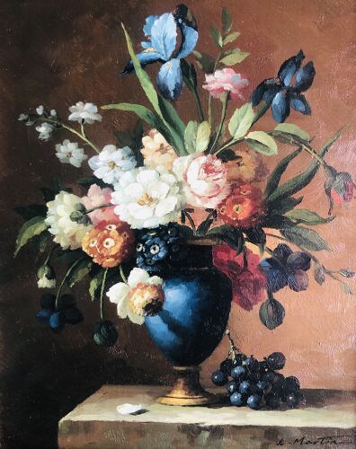 Oil on canvas still life with flowers and grapes