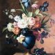 Oil on canvas still life with flowers and grapes