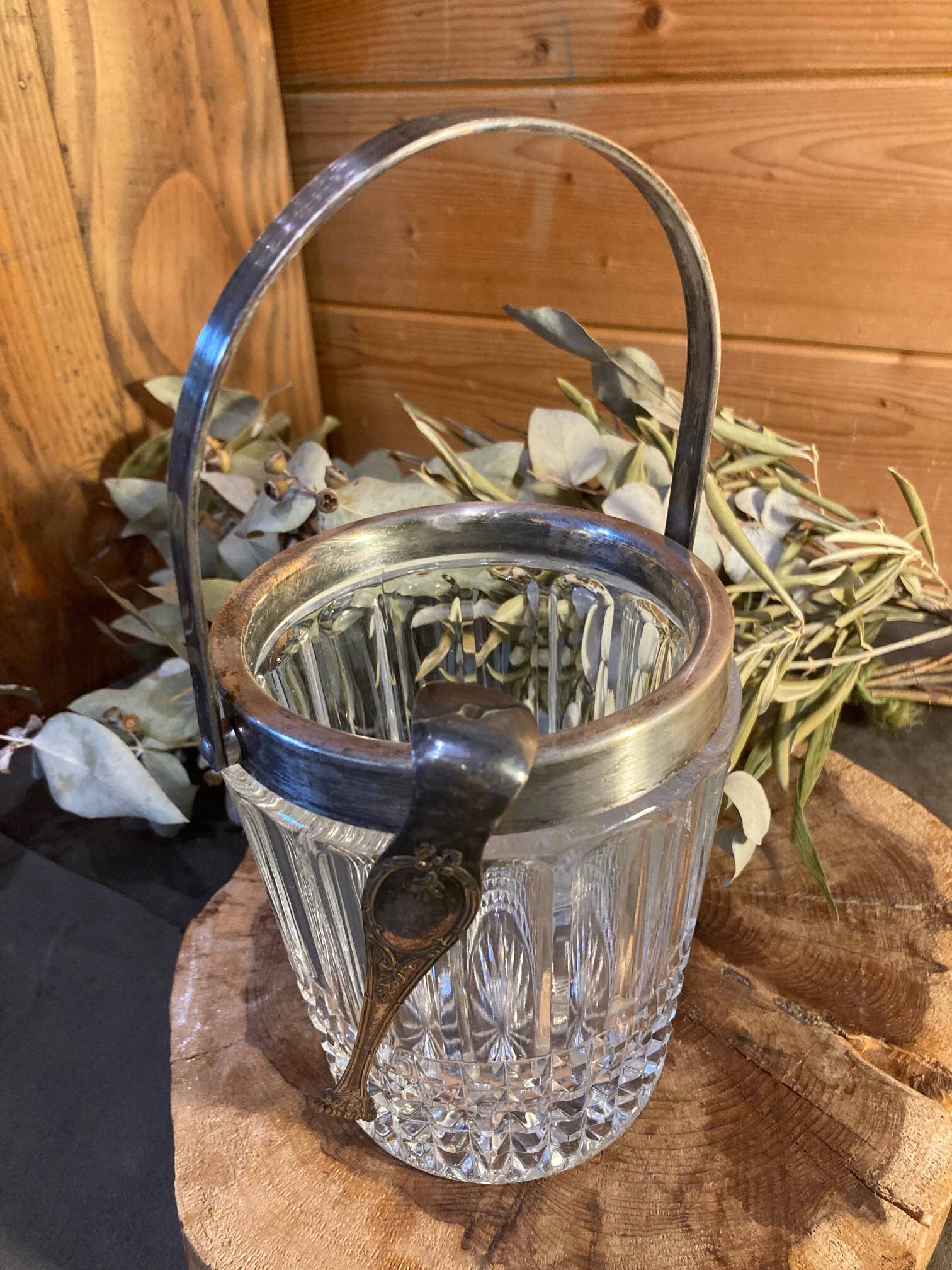 Crystal and silver-plated metal ice bucket + wine tableware tongs
