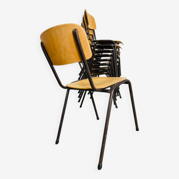 Lot de 9 chaises école vintage bois pieds marrons Pays-Bas années 60