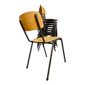 Set of 9 vintage school chairs, wood, brown legs, Netherlands, 1960s