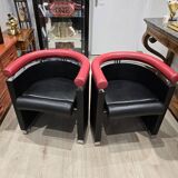 Pair of 80s designer leather and chrome metal armchairs