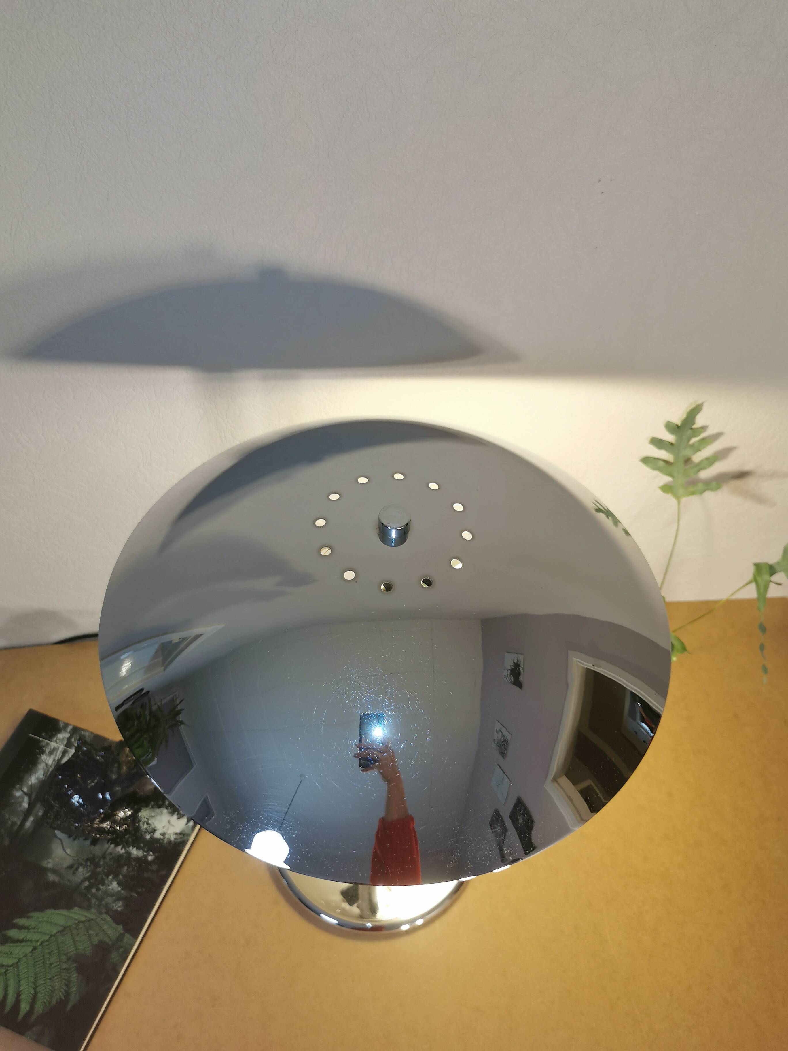 Mushroom lamp, chrome metal saucer, Aluminor, France, 1970