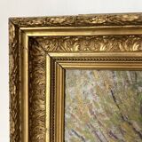 Old oil on canvas, wooded landscape with house, gilded frame.