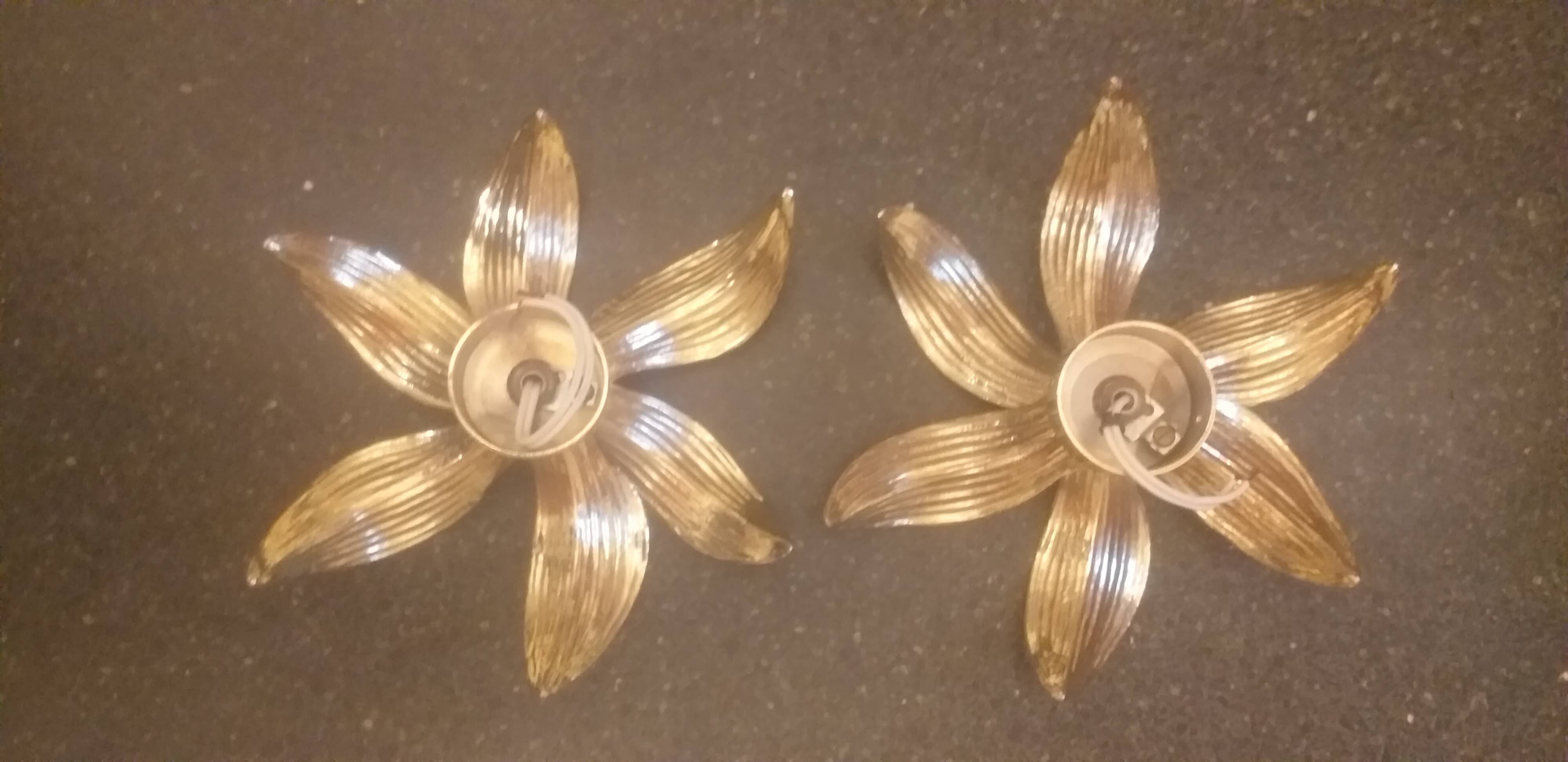 PAIR OF GOLD 1970S WALL LIGHTS - brass flowers by Willy Daro for Massive