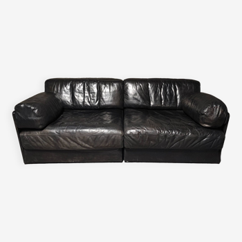 Modular 2-seater black leather sofa De Sede DS-76, Switzerland 1970s