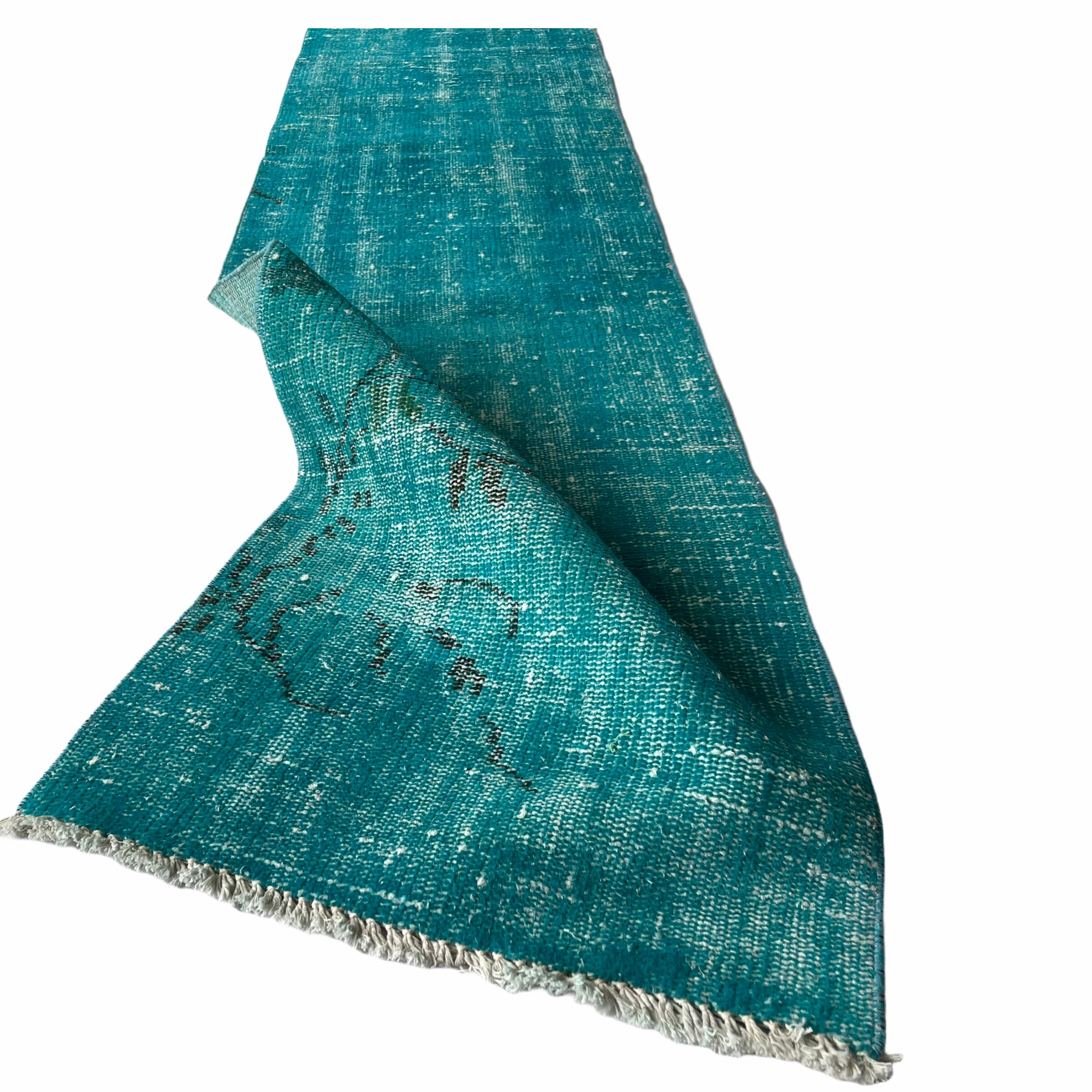 Distressed Turkish Narrow Runner 304 x 76 cm Wool Vintage rug, Overdyed Turquoise