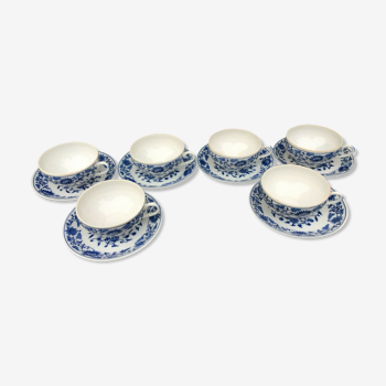 Set de 6 tasses et sous tasses à café ou thé en porcelaine fine à décor floral bleu